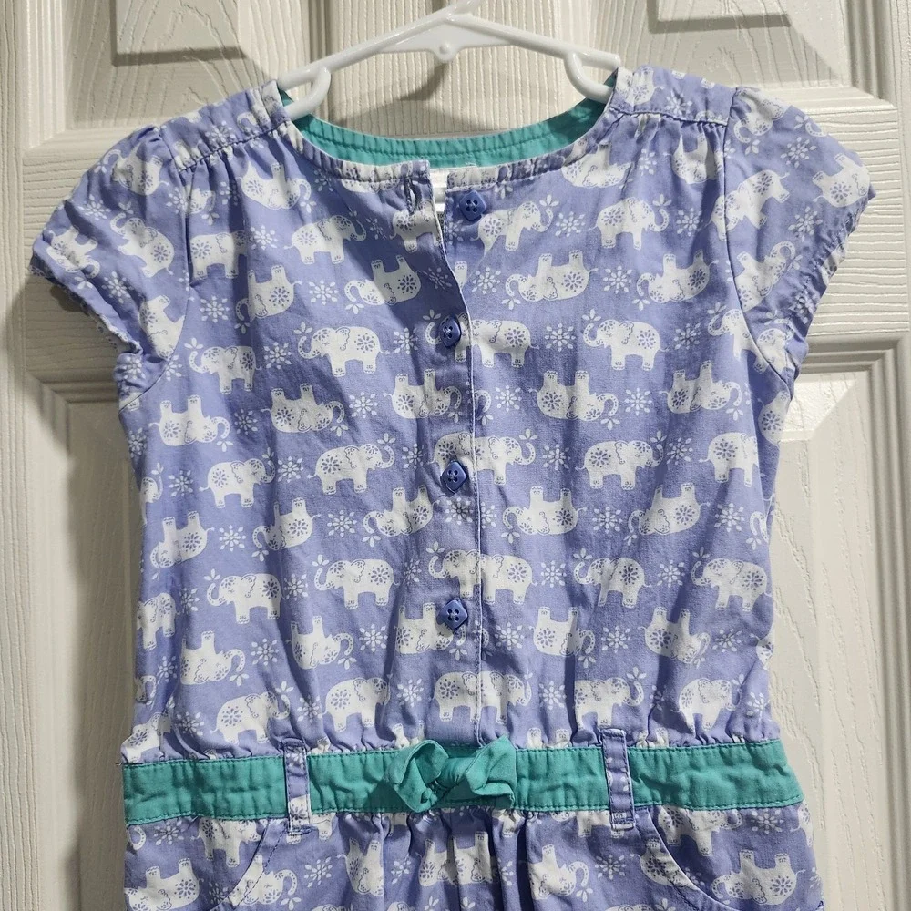 Gymboree Girls Romper‎ 5T Purple Elephant Print 100% Cotton Teal Belt Pockets